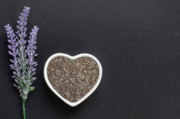 istock Chia seeds and lavender flower on a black background 1132108412
