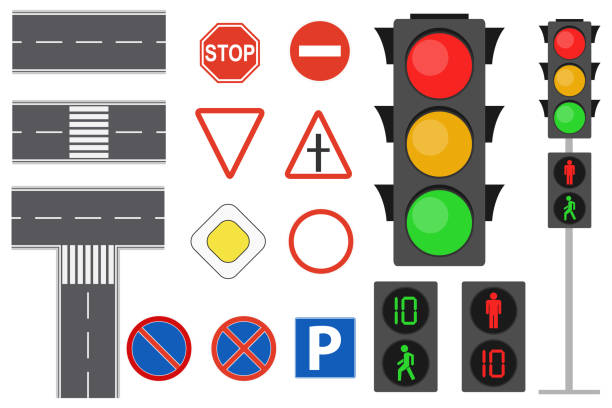 ilustrações de stock, clip art, desenhos animados e ícones de illustration of info graphic traffic signs icons set concept. traffic sign and lights realistic. flat road signs set. road icons. - symbol sign vector letter r