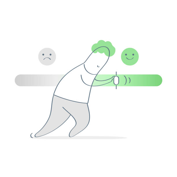 Rating or review ranking bar, feedback rate - Vector Man pushing satisfaction or loading progress level bar slider between smiley and upset customer face. Rating or review ranking bar, feedback rate emoticon illustration concept. Outline vector on white melancholy computer support specialist stock illustrations