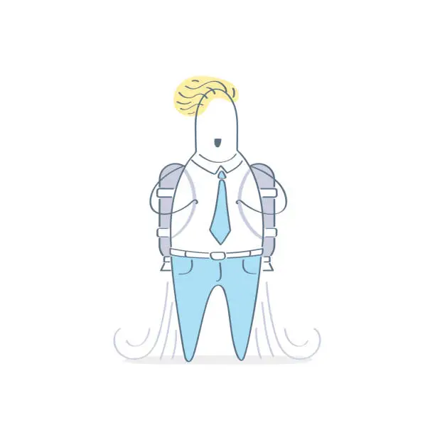 Vector illustration of Businessman with Jetpack, rocket soaring out of the clouds.