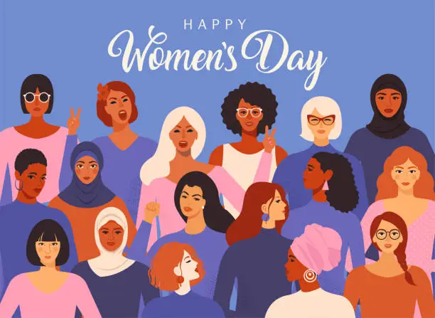 Vector illustration of Female diverse faces of different ethnicity poster. Women empowerment movement pattern. International women's day graphic vector.