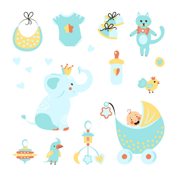 ilustrações de stock, clip art, desenhos animados e ícones de icons of cute elephant, shoes, bib, rattle, overalls, cat, fish, parrot toy, baby boy in the stroller for a baby shower. set of simple cartoon elements for a birthday card. - baby congratulating toy birthday