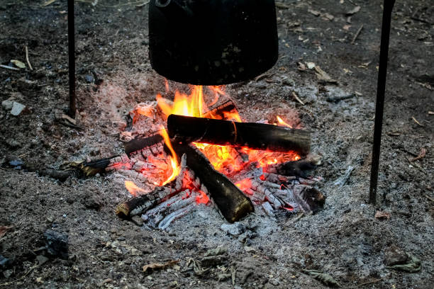 Rest on the nature, a black kettle is heated by water on a fire. Rest on the nature, a black kettle is heated by water on a fire. огонь stock pictures, royalty-free photos & images