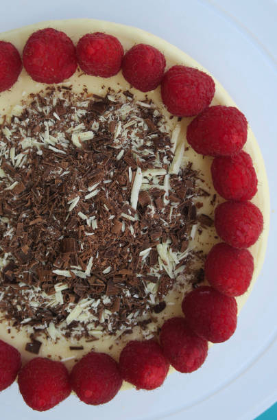 Image of uncut gourmet homemade raspberry cheesecake cake dessert with grated chocolate and red berries on white plate