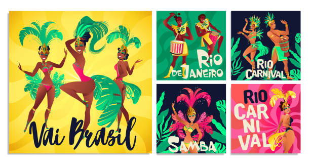 ilustraciones, imágenes clip art, dibujos animados e iconos de stock de carteles de samba brasileños. el carnaval de los bailarines de río de janeiro que llevan un traje de fiesta es bailar. ilustración vectorial. - samba