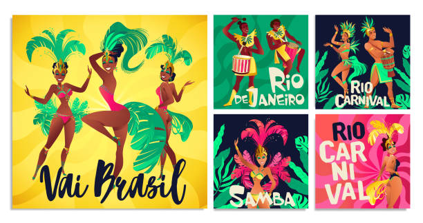 illustrazioni stock, clip art, cartoni animati e icone di tendenza di manifesti di samba brasiliani. i ballerini del carnevale di rio de janeiro che indossano un costume da festival ballano. illustrazione vettoriale. - samba dancing