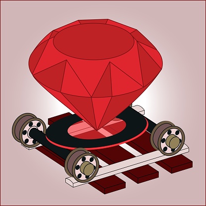Ruby on rails full color isometric 3D art. Real jewel gem on wheel pairs on ties. Programming language framework for web backend server software development. RoR symbol logo of www internet graphic