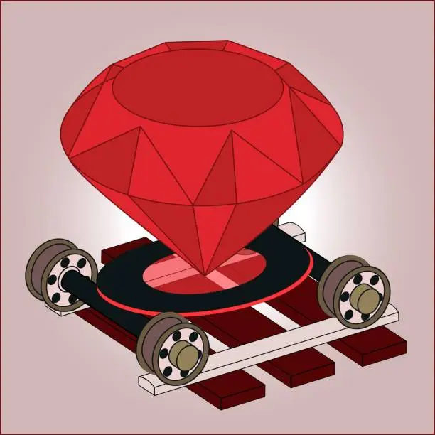 Vector illustration of Ruby on rails full color isometric 3D art. Real jewel gem on wheel pairs on ties. Programming language framework for web backend server software development. RoR symbol logo of www internet graphic