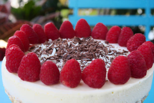 Image of whole gourmet homemade raspberry cheesecake cake dessert with grated chocolate and red berries in garden