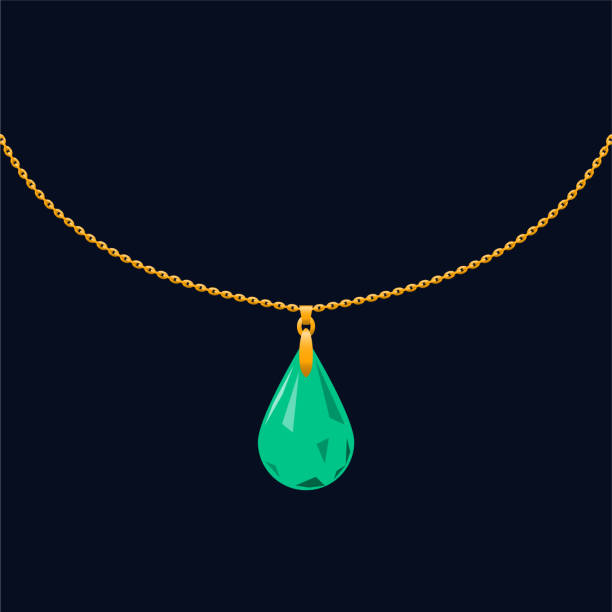 ilustrações, clipart, desenhos animados e ícones de ícone do pendente da esmeralda com corrente do ouro no fundo escuro. - necklace