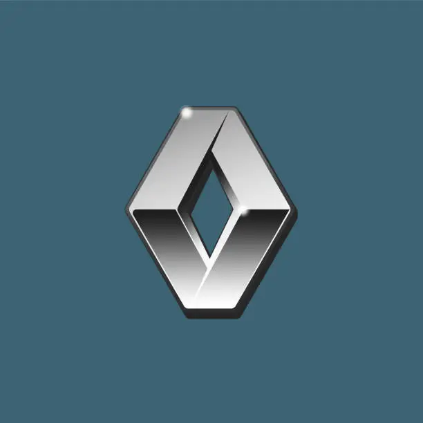 Vector illustration of The close up vector of silver 3D Renault logo on blue background. Isolated