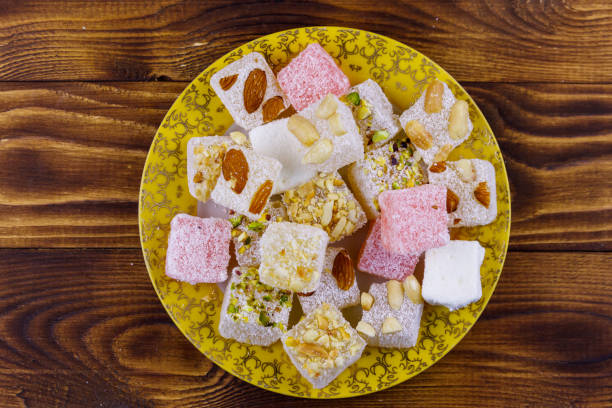 istock Turkish delight in a plate on wooden table 1132125148