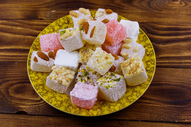 istock Turkish delight in a plate on wooden table 1132125157