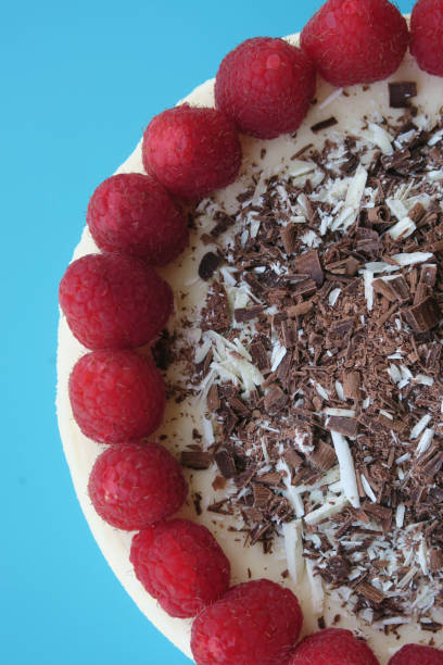 Image of uncut gourmet homemade raspberry cheesecake cake dessert with grated chocolate and red berries