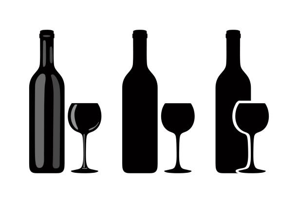 Silhouette of wine bottle and glass on white background. Vector Vector icon of bottle of wine and glass of dark color with highlights on white background. wine bottle illustrations stock illustrations