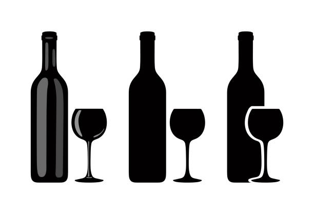 Silhouette of wine bottle and glass on white background. Vector Vector icon of bottle of wine and glass of dark color with highlights on white background. white restaurant dishes pictures stock illustrations