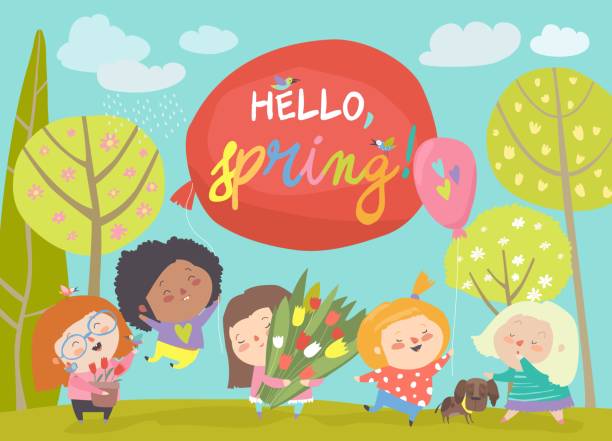ilustraciones, imágenes clip art, dibujos animados e iconos de stock de linda niña reunión primavera en el parque - friendship park flower outdoors