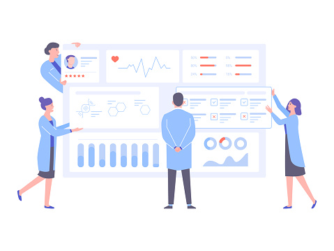 The physician doctor and the nurses analyze the patient's medical data. Big dashboard with information. Diagnosis of diseases, the study of tests and treatment. Pure light vector illustration.