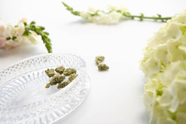 White Floral Cannabis Flowers With Marijuana Buds Close Up - Cannabis Wedding stock photo