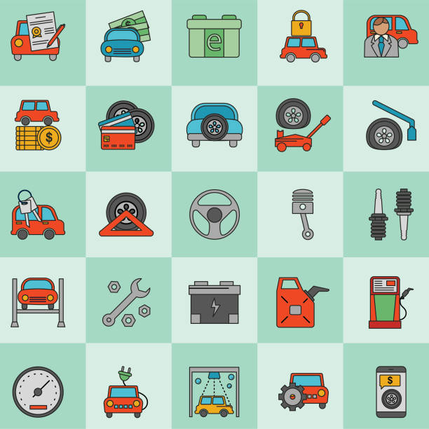 ilustrações de stock, clip art, desenhos animados e ícones de automotive icon set - currency odometer car gasoline