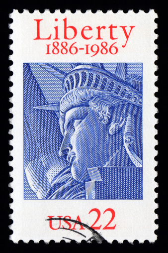 USA vintage postage stamp with an engraving of New York's Statue of Liberty