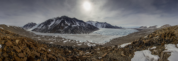 A 180 degree view of Taylor Valley.  Frozen Lake Hoare and Canada Glacier are featured in the center.