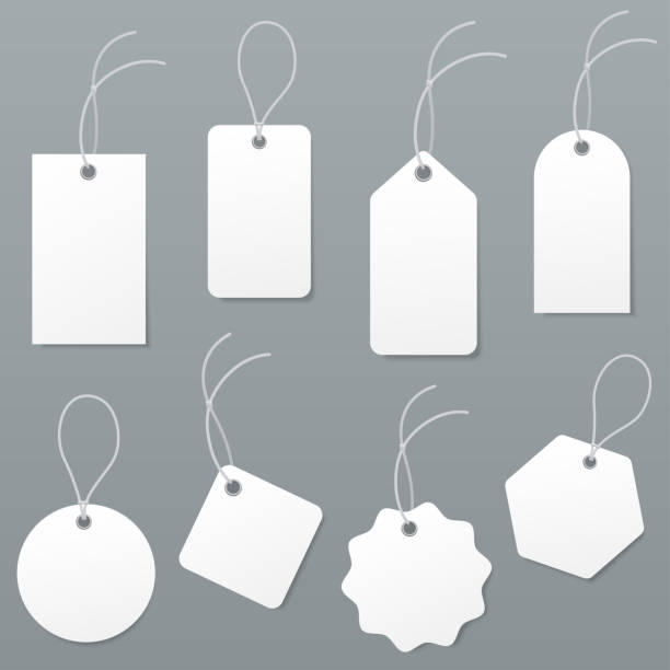 ilustrações de stock, clip art, desenhos animados e ícones de set of empty white price tags in different shapes. blank paper labels with string mockup isolated on grey background. luggage tag collection. vector illustration. - label