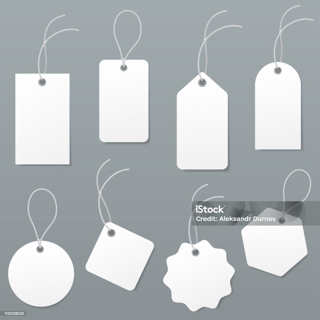 Set Of Empty White Price Tags In Different Shapes Blank Paper Labels With  String Mockup Isolated On Grey Background Luggage Tag Collection Vector  Illustration Stock Illustration - Download Image Now - iStock