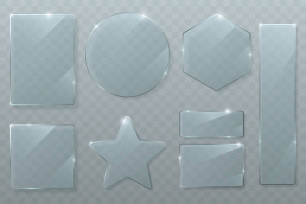 Vector glass plates set isolated on transparent background. Glossy texture of clear glass with bright highlights. Circle, square, rhombus, rectangle and star. Transparent banners. Eps 10. Vector glass plates set isolated on transparent background. Glossy texture of clear glass with bright highlights. Circle, square, rhombus, rectangle and star. Transparent banners. Eps 10. glass textures stock illustrations