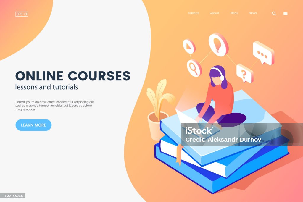 Online courses isometric illustration. Girl with laptop sits on books. Online education web page concept. E-learning banner design. Vector eps 10. Learning stock vector