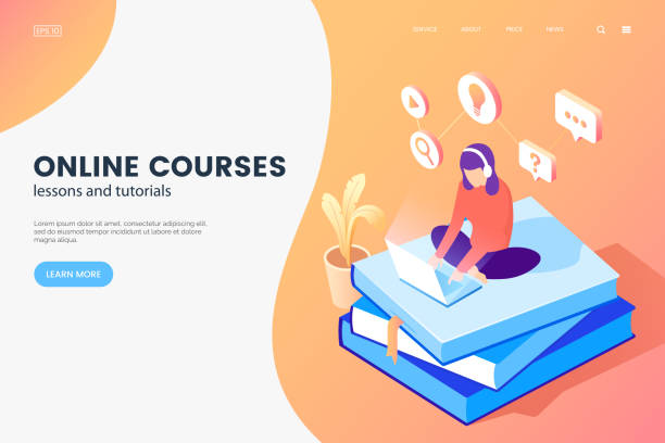 Online courses isometric illustration. Girl with laptop sits on books. Online education web page concept. E-learning banner design. Vector eps 10. Online courses isometric illustration. Girl with laptop sits on books. Online education web page concept. E-learning banner design. Vector eps 10. young business laptop stock illustrations