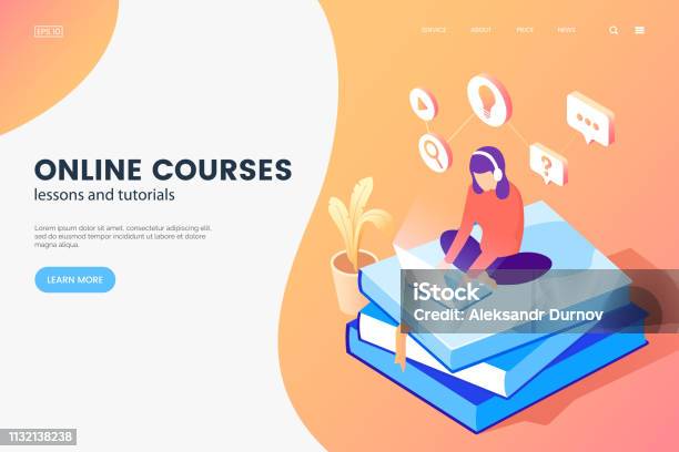 Online Courses Isometric Illustration Girl With Laptop Sits On Books Online Education Web Page Concept Elearning Banner Design Vector Eps 10 Stock Illustration - Download Image Now