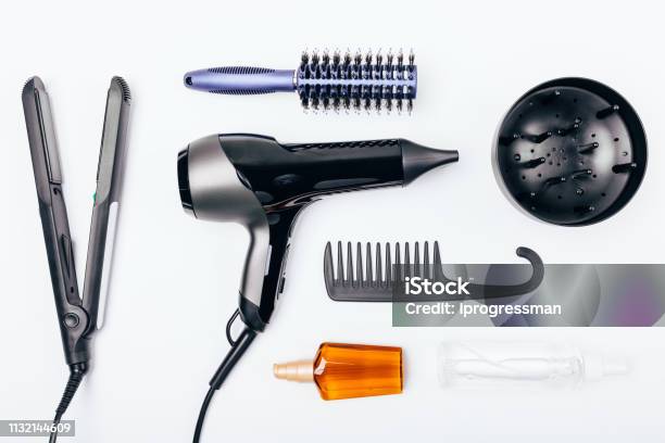 Flat Lay Composition Of Hair Styling Devices Stock Photo - Download Image  Now - Hair, Work Tool, Human Hair - iStock