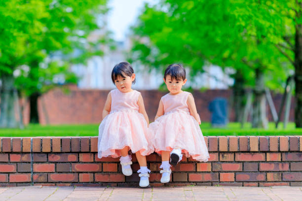 Twin sisters wearing a dress