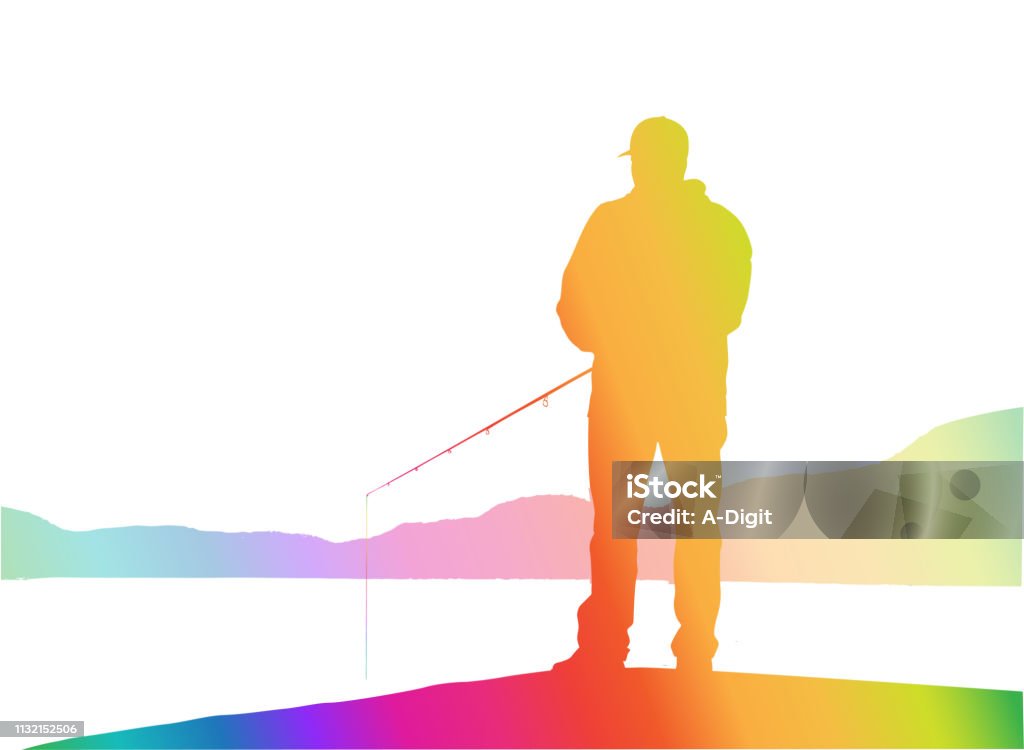 Fishing From The Dock Rainbow Colourful silhouette of a young man fishing by the lake Computer Graphic stock vector