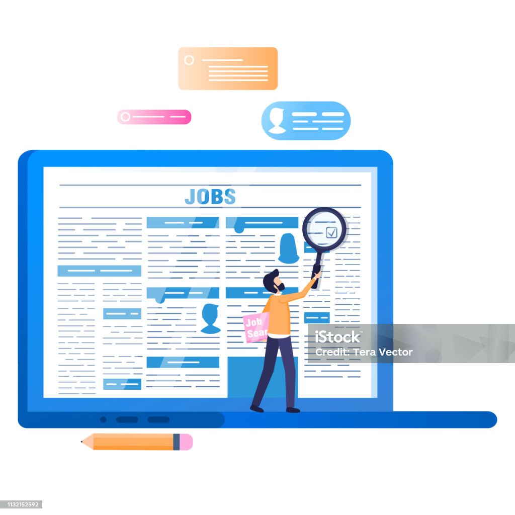 Online Job Search. Laptop with Newspaper on Screen Online Job Search. Laptop with Newspaper on Screen. Unemployed Man Hold Loupe or Magnifier Look for Information on Internet. Find Recruitment Article. Flat Cartoon Vector Illustration Recruitment stock vector