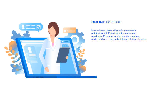 Online Doctor Medical Consultation and Support Online Doctor Medical Consultation and Support. Internet Computer Pharmacy Health Service. Woman with Tablet in Hand Appear from Laptop. Hospital Consult. Flat Cartoon Vector Illustration hospital patterns stock illustrations