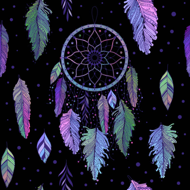 dreamcatcher bezszwowy wzór z kolorowymi piórami wektor - dreamcatcher symbol mystery catching stock illustrations