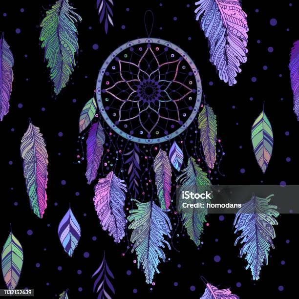 Dreamcatcher Seamless Pattern With Colorful Feathers Vector Stock Illustration - Download Image Now