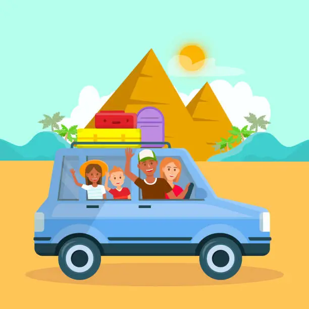 Vector illustration of Family Vacation in Egypt Vector Travel Postcard