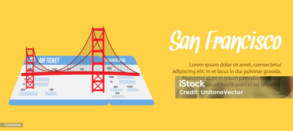 San Francisco Vector Banner, Poster with Copyspace San Francisco Vector Banner, Poster with Copyspace. Golden Gate Bridge Flat Drawing. USA Tourist Attraction Flat Illustration. Travel Postcard. World Famous Landmark on Boarding Pass, Airplane Ticket Airplane stock vector