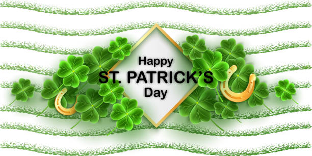 istock San Patricks Day card with 3d Clover leaves and Gold Horseshoe. Horizontal holidays poster. Lucky Irish pattern texture. Scottish ornament. 1132153643