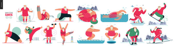 ilustraciones, imágenes clip art, dibujos animados e iconos de stock de sporting santa-ejercicios deportivos - holiday healthy lifestyle weight christmas