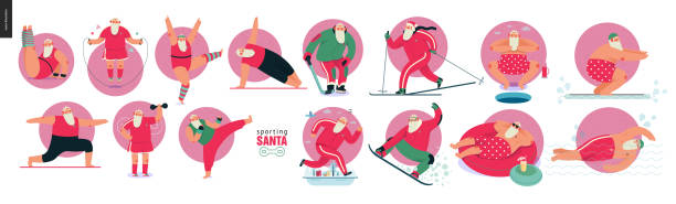 ilustraciones, imágenes clip art, dibujos animados e iconos de stock de sporting santa-ejercicios deportivos - holiday healthy lifestyle weight christmas