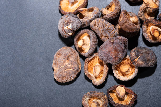 말린 버섯과 검정색 배경 - shiitake mushroom mushroom dried food dried plant 뉴스 사진 이미지