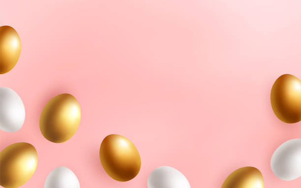 istock Happy Easter pastel background with the top view golden and white realistic eggs. Easter sale banner template. Realistic vector illustration. 1132163624