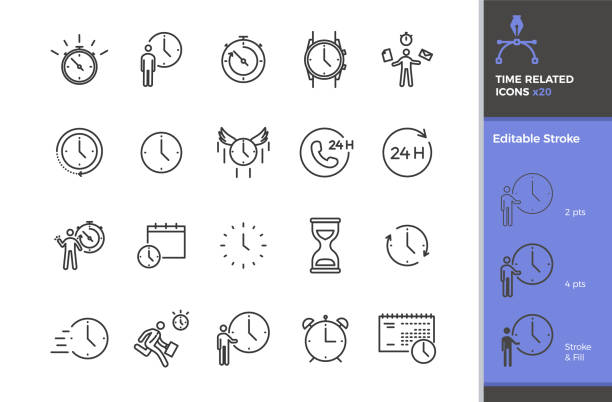 Set of 20 time related vector icons. Different types of time measurement instruments like clock, stopwatch, hourglass. Business, activities, sports and other time related concepts Vector eps10 time out signal stock illustrations