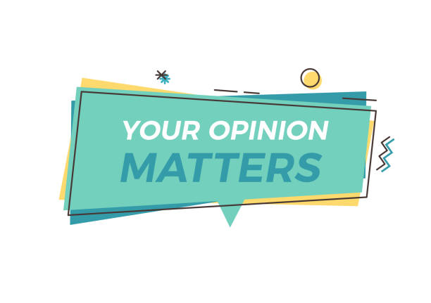 Trendy graphic element with Your opinion Matters text. Vector design geometric tag for concepts of feedback, opinion, customer satisfaction, survey, politics, business, marketing Vector eps10 suggestion box stock illustrations