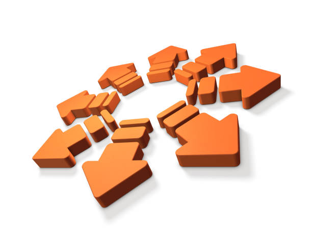Eight outward pointing arrows are expressing diffusion. White background. 3D illustration.