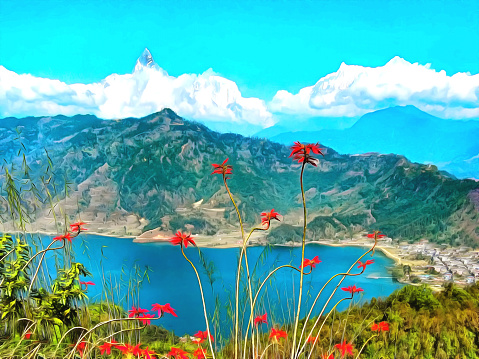 Digital painting. Watercolor drawing. Mountain landscape, Himalayas, Tibet. Watercolor landscape with views of Pokhara lake and Annapurna mountain.